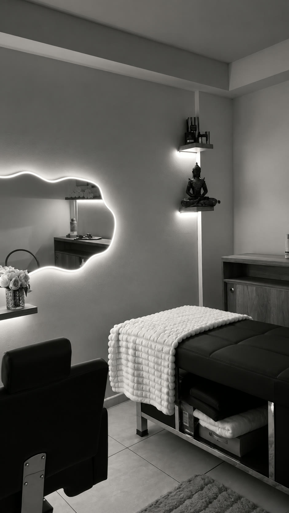 Sala de spa con camilla y espejo iluminado